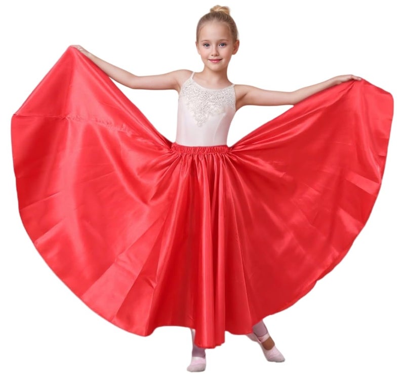 Sancan Girls Belly Latin Dance Skirt - Elastic Waist Ankle Length Full Flowy Circle Dancewear for Dance Practice Training (US, Age, 8 Years, 12 Years, Red) - Image 2